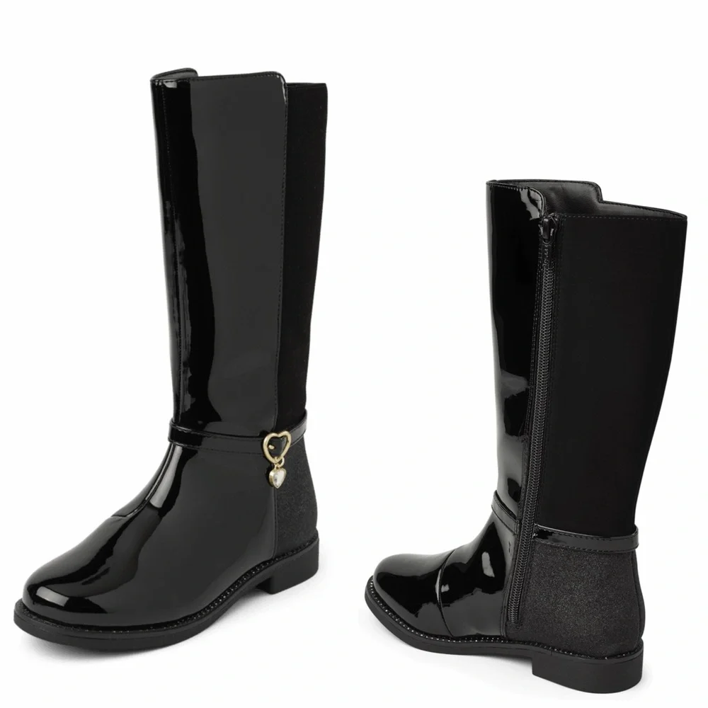 The Children’s‎ Place Girls Black Patent Knee-High Boots Heart Charm NWT Size 5